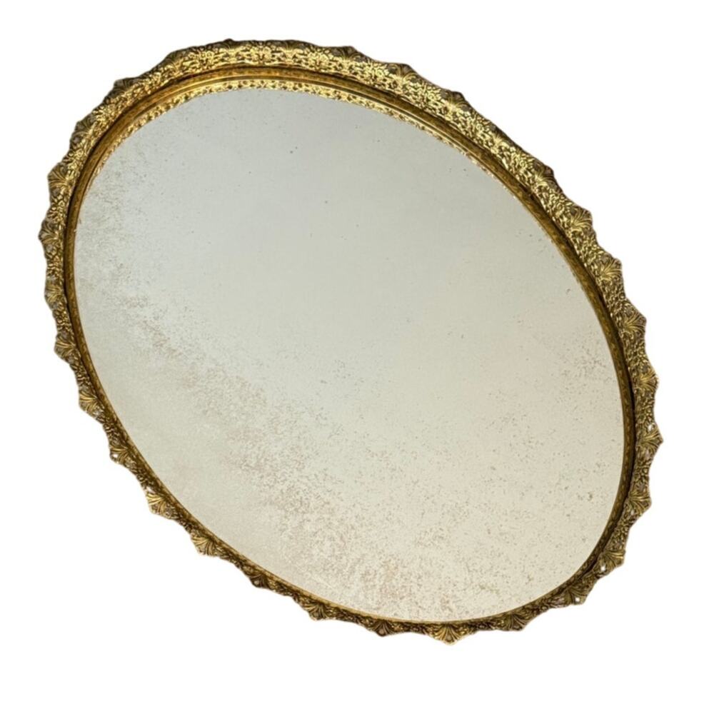 Vintage Oval Ornate Vanity Mirror Tray Goldtone Filigree Metal 17" x 13" x 1"